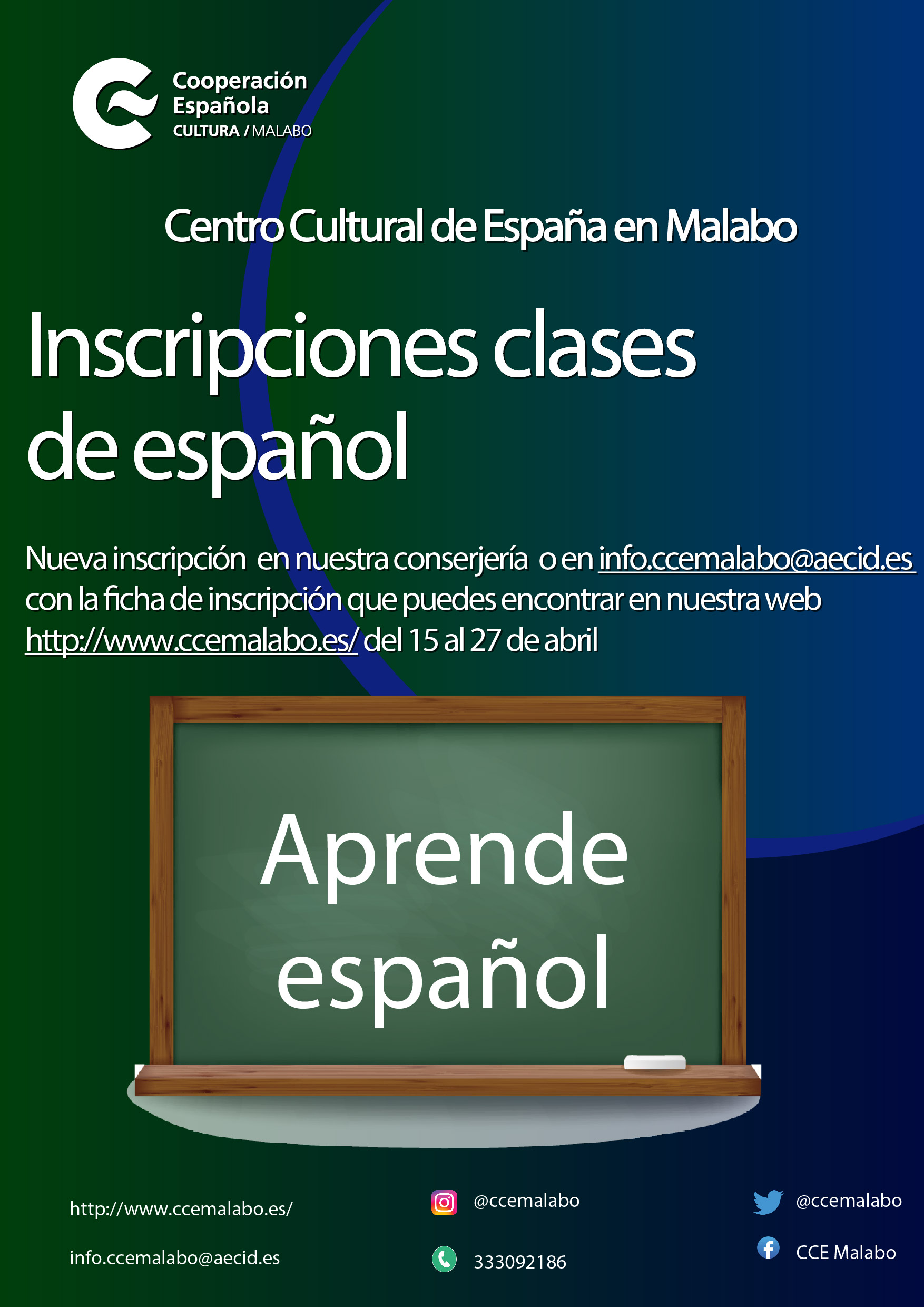 Inscripciones clases de espaol del 15 al 26 de abril en el Centro Cultural de Espaa en Malabo